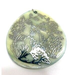 Natural Elegance Mother of Pearl Shell Silver tone inlay Pear shape pendant 2 in